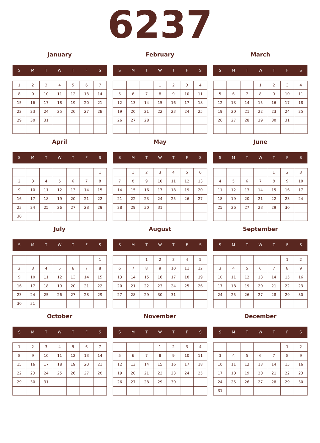 Printable 6237 Year Calendars mortuum