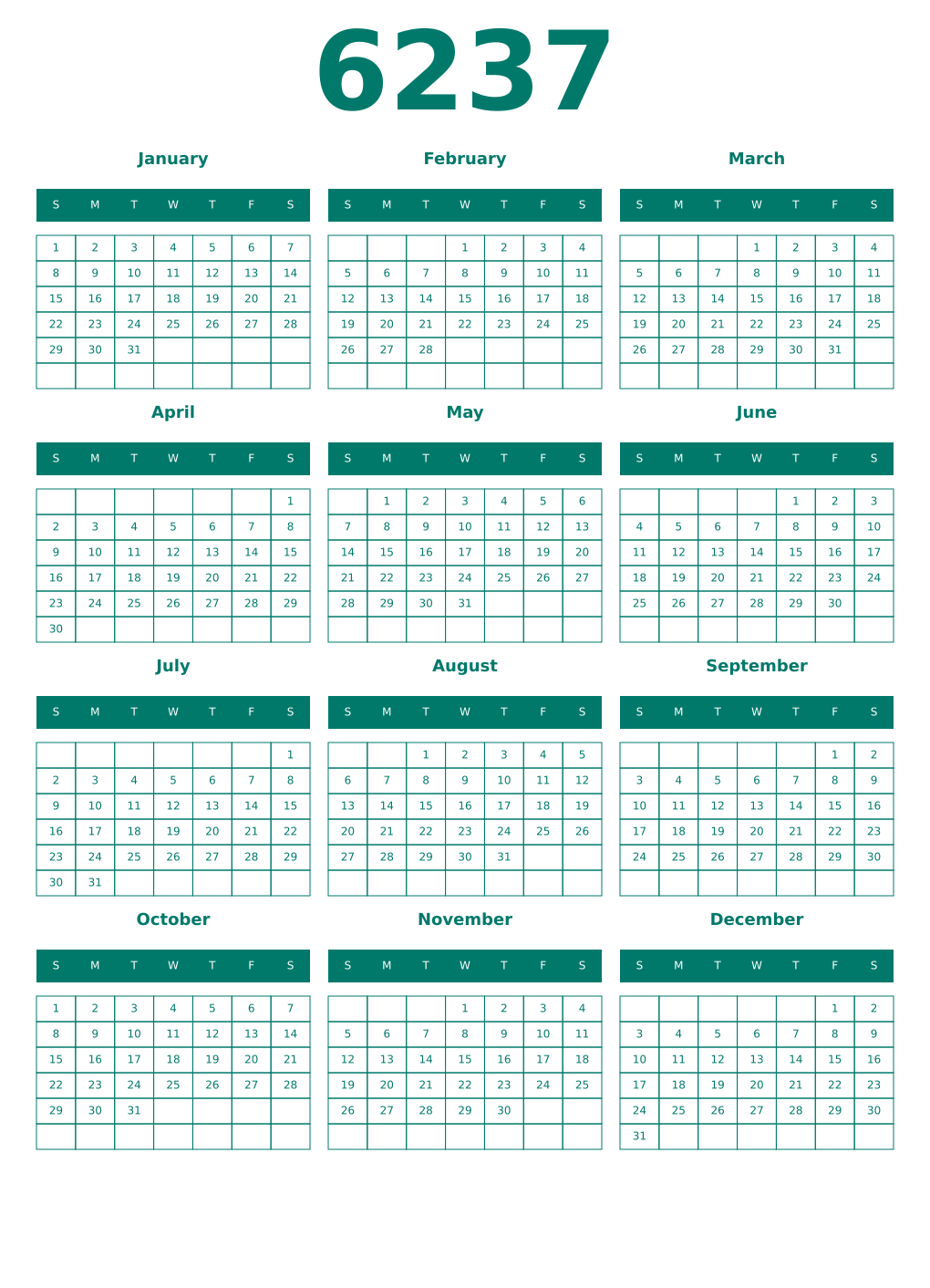 Printable 6237 Year Calendars pastel