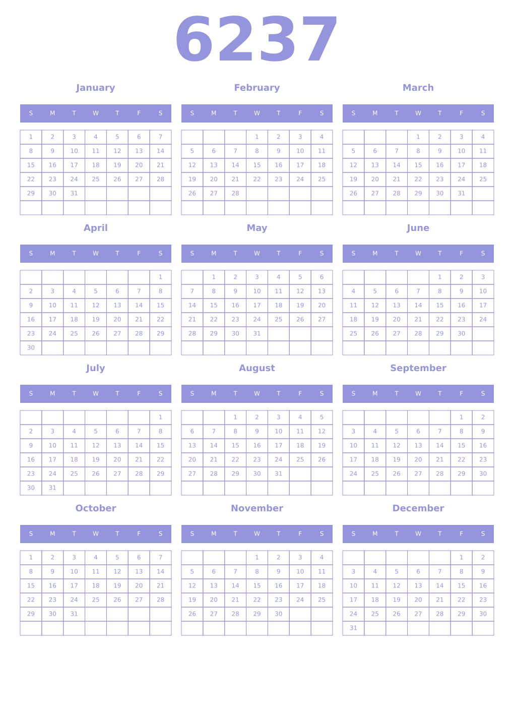 Printable 6237 Year Calendars periwinkle