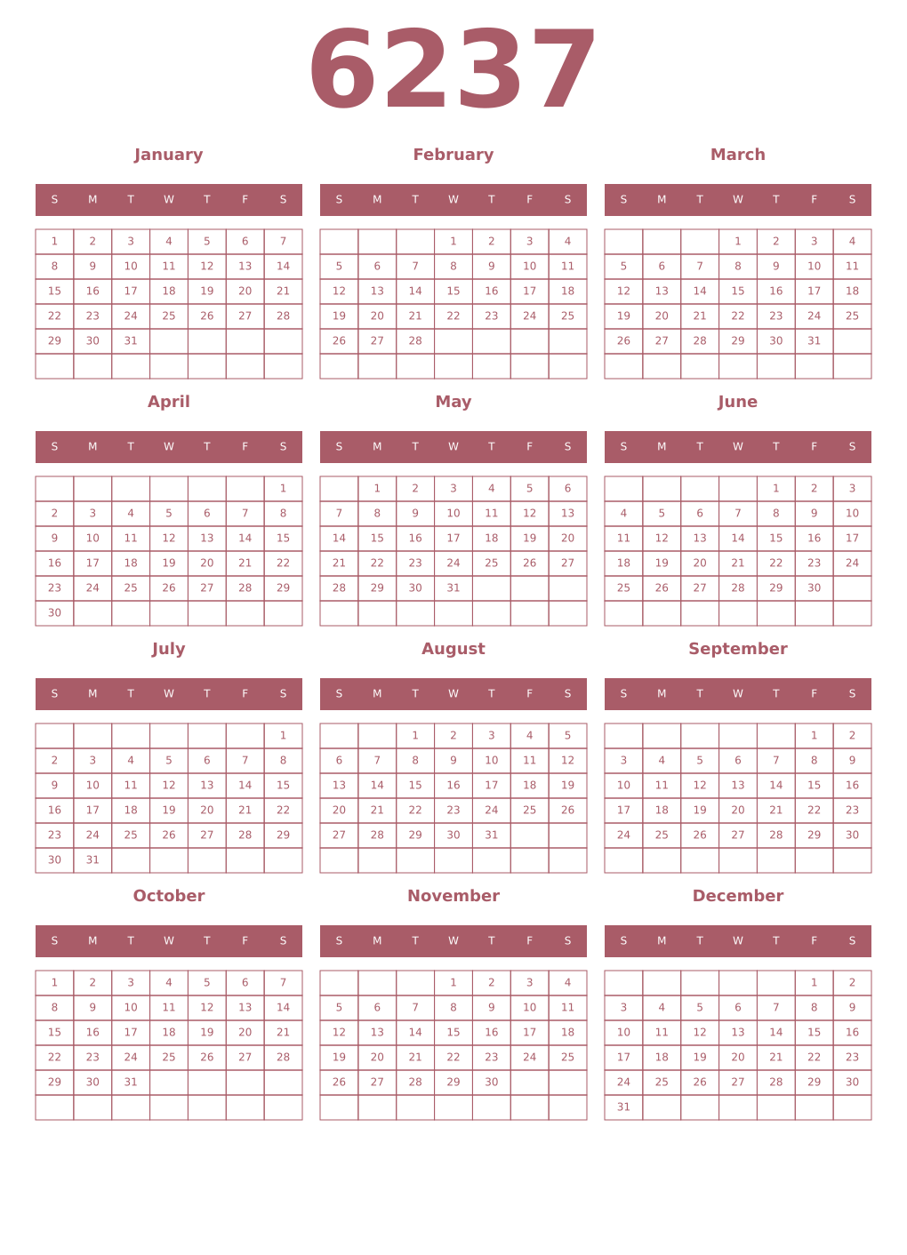 Printable 6237 Year Calendars puce