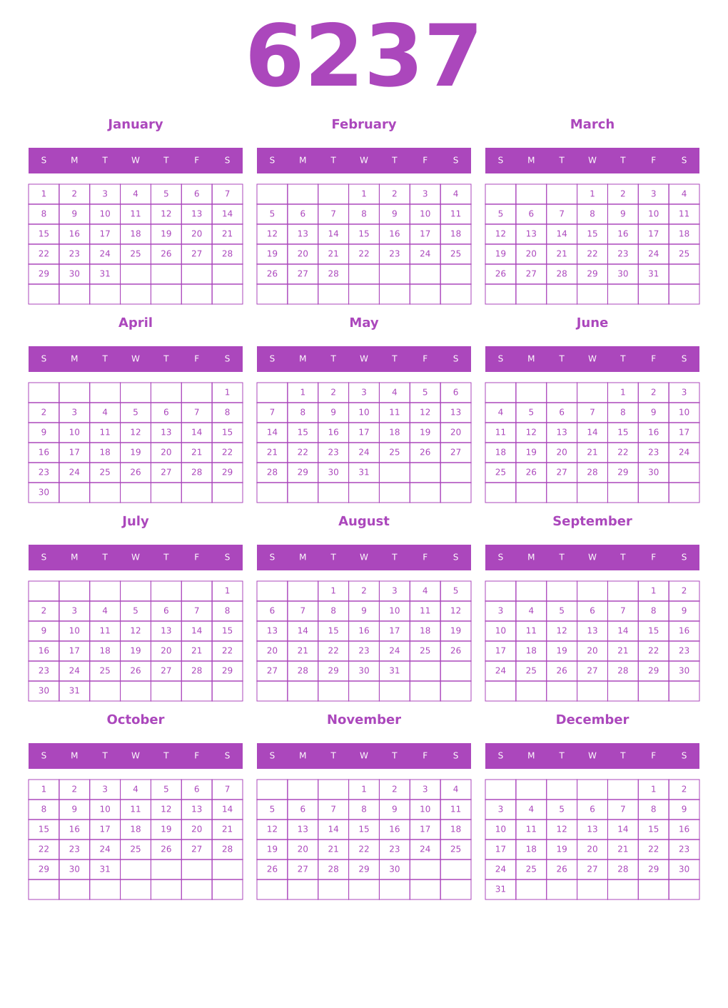 Printable 6237 Year Calendars purple