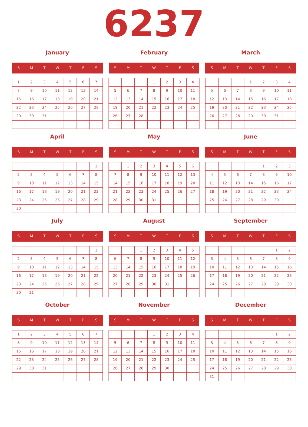 Printable 6237 Year Calendars red