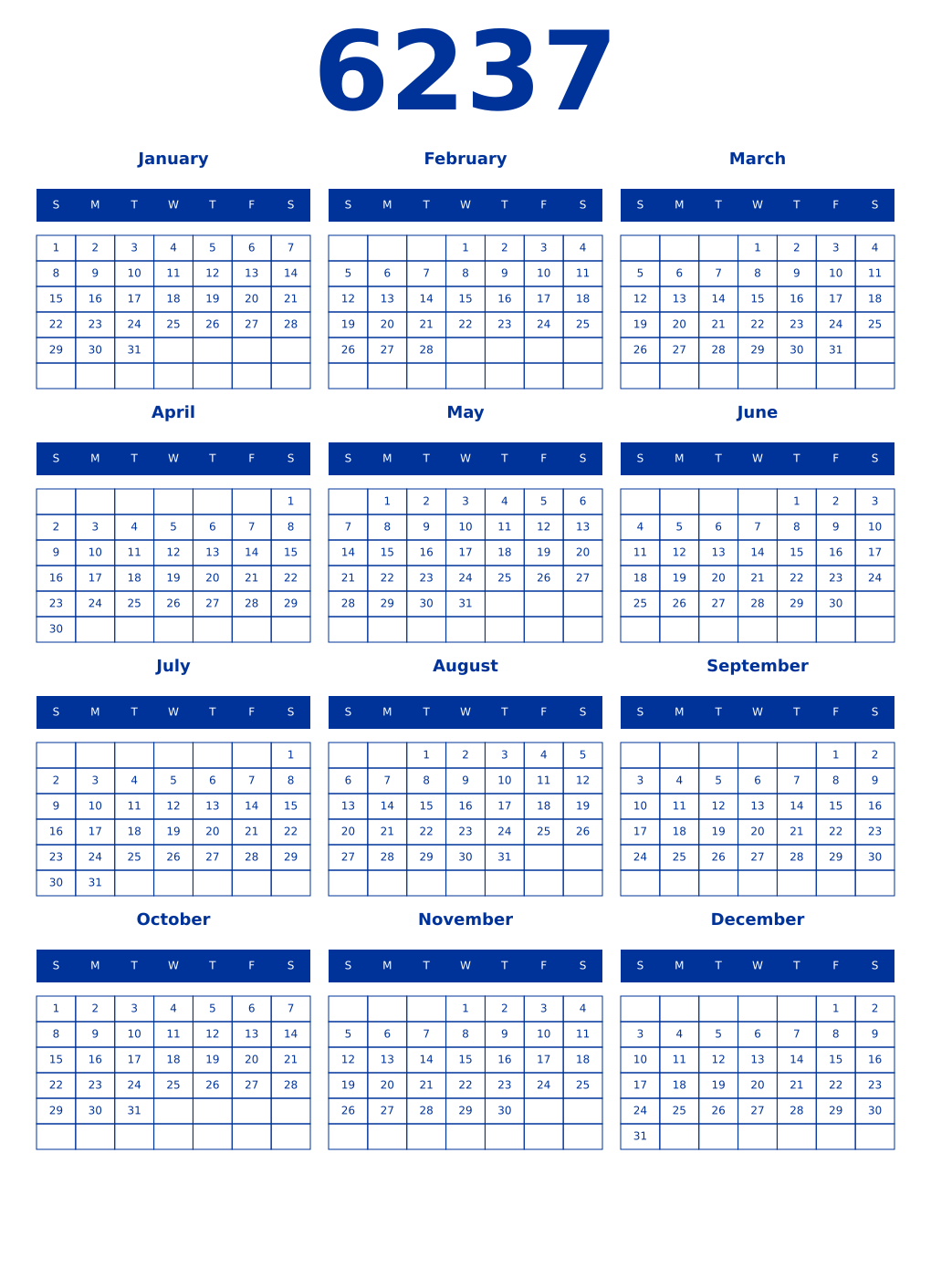 Printable 6237 Year Calendars smalt