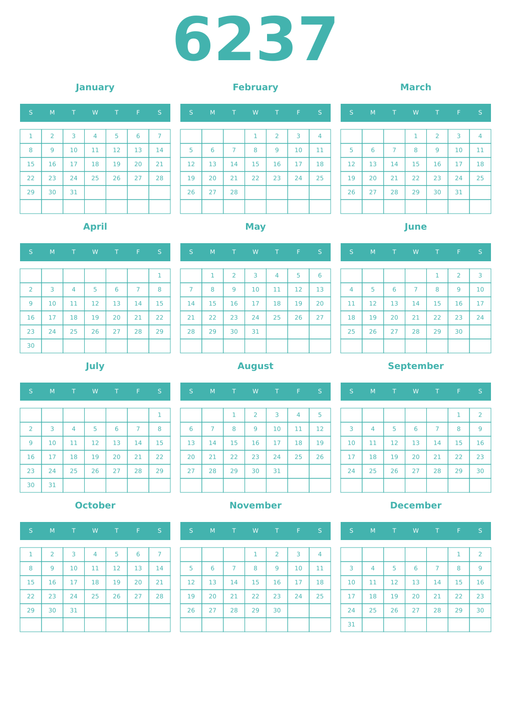 Printable 6237 Year Calendars verdigris
