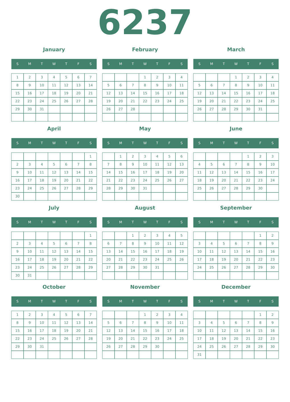 Printable 6237 Year Calendars viridian