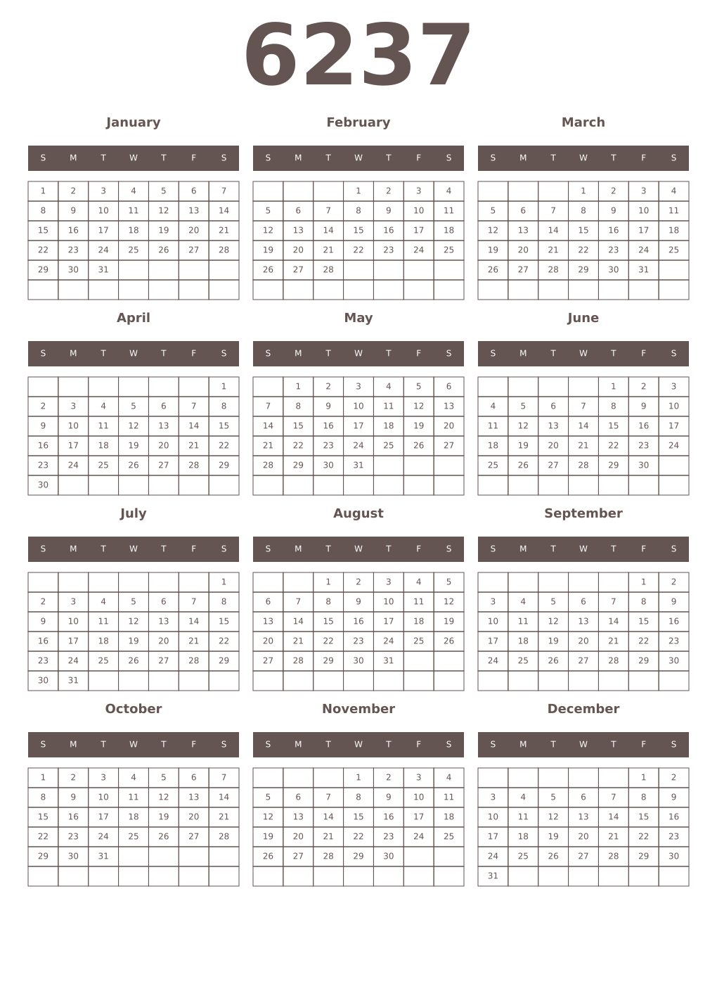 Printable 6237 Year Calendars wenge