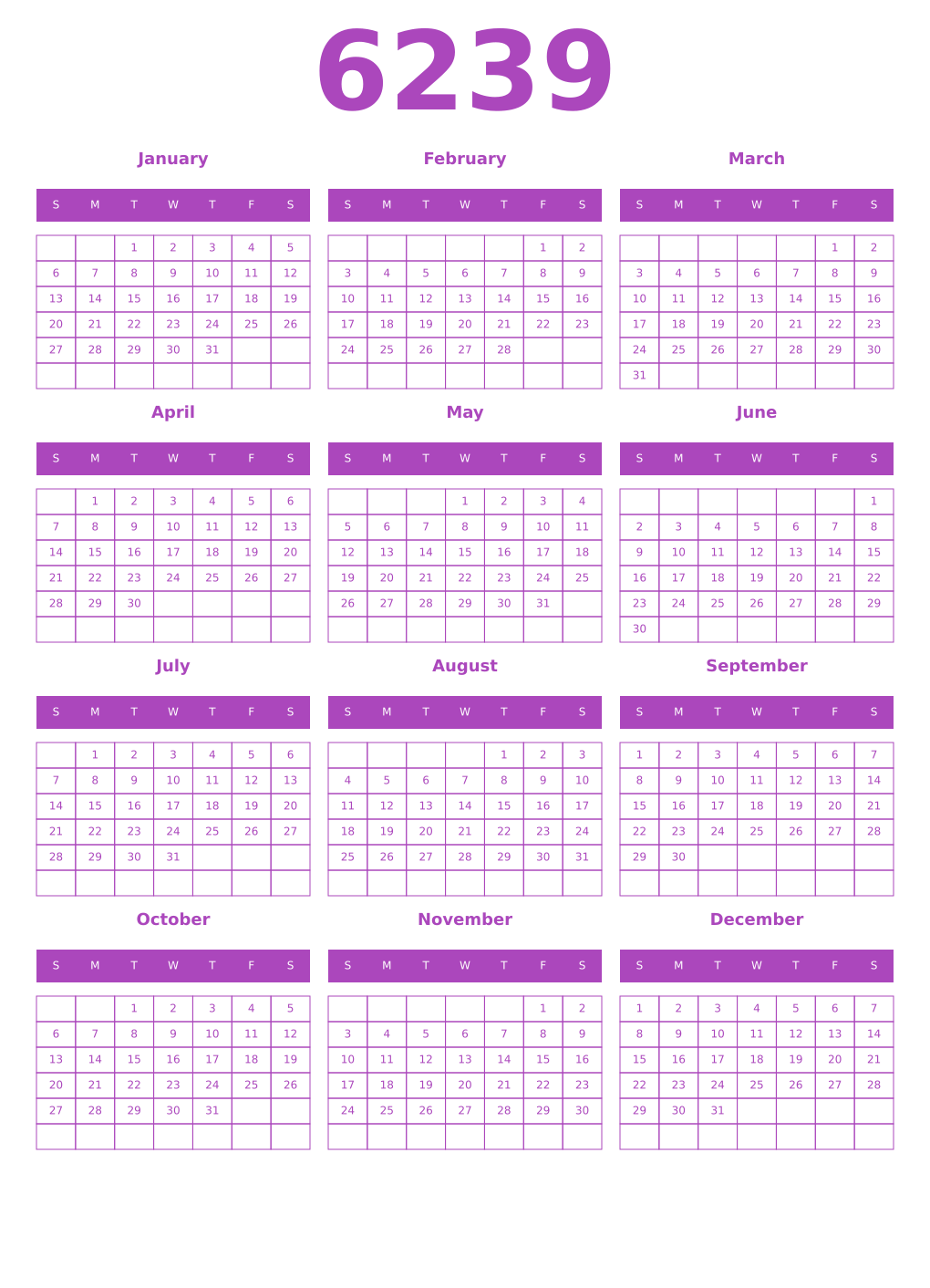 Printable 6239 Calendars