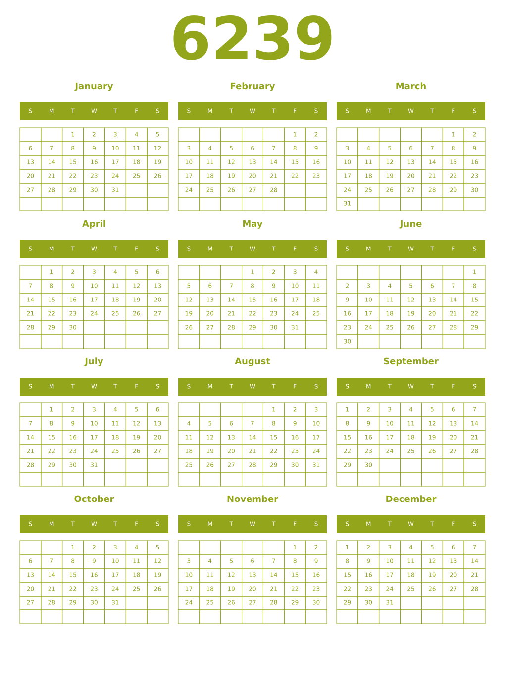 Printable 6239 Year Calendars chartreuse