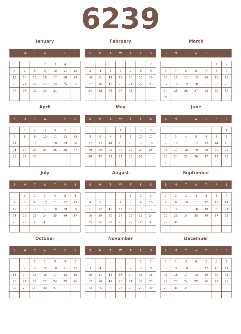 Printable 6239 Year Calendars coffe
