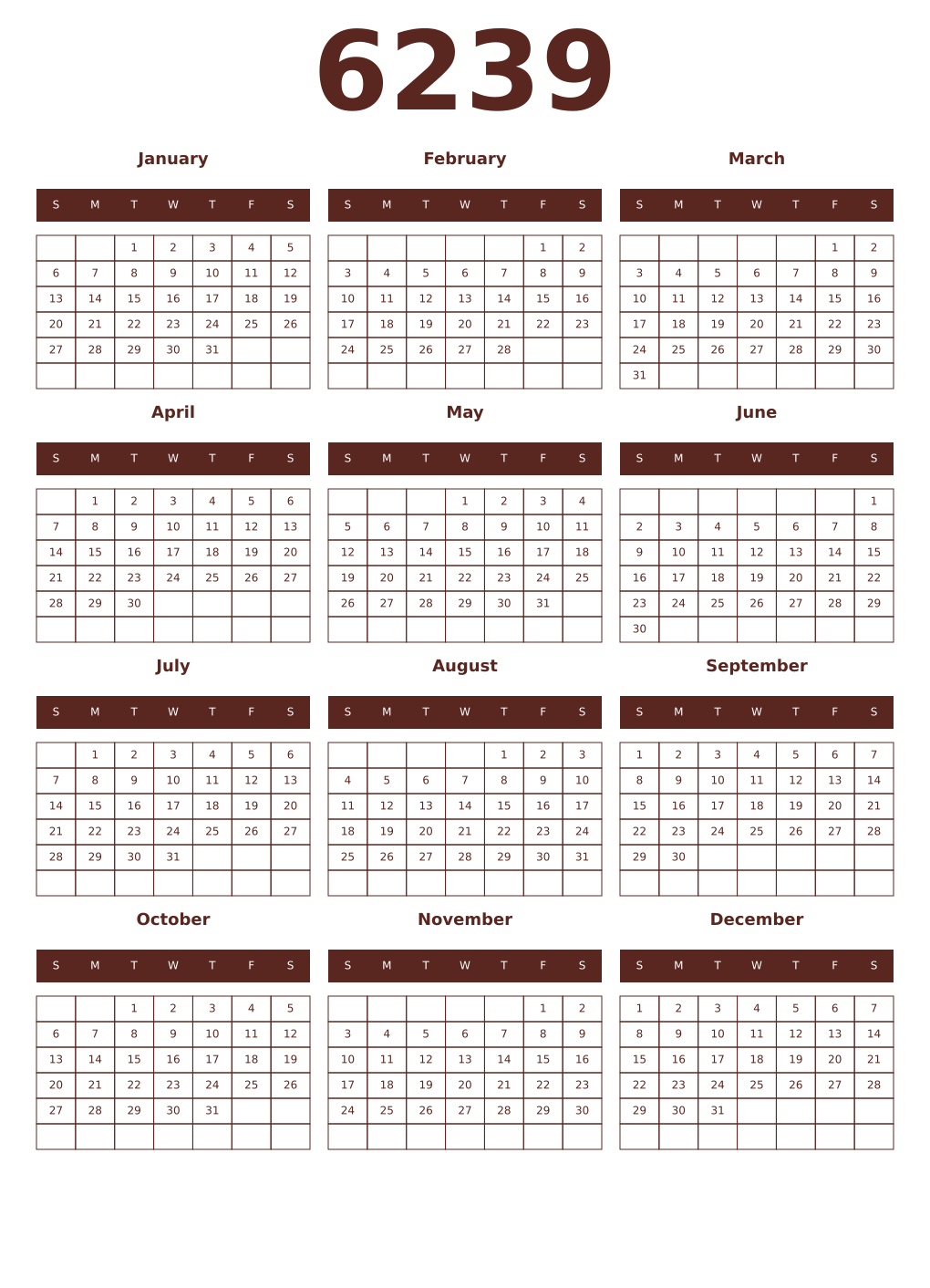 Printable 6239 Year Calendars mortuum