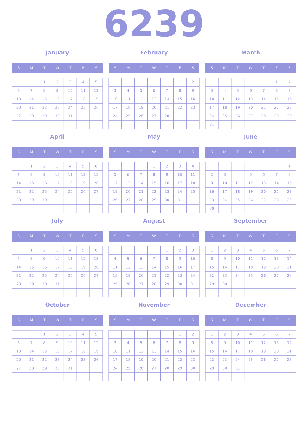 Printable 6239 Year Calendars periwinkle