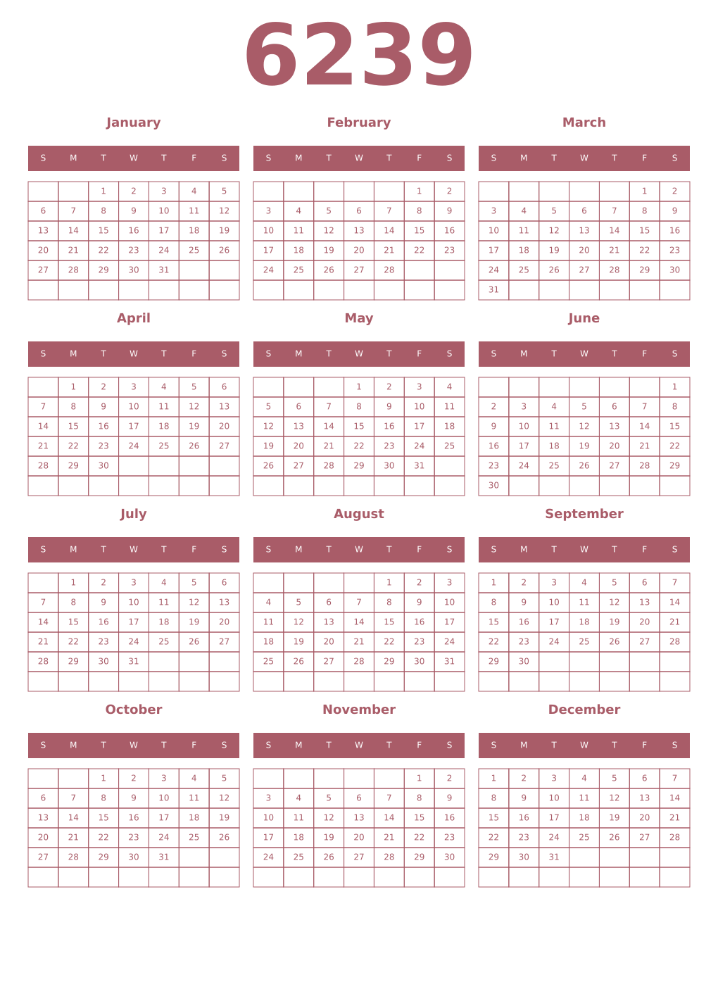 Printable 6239 Year Calendars puce