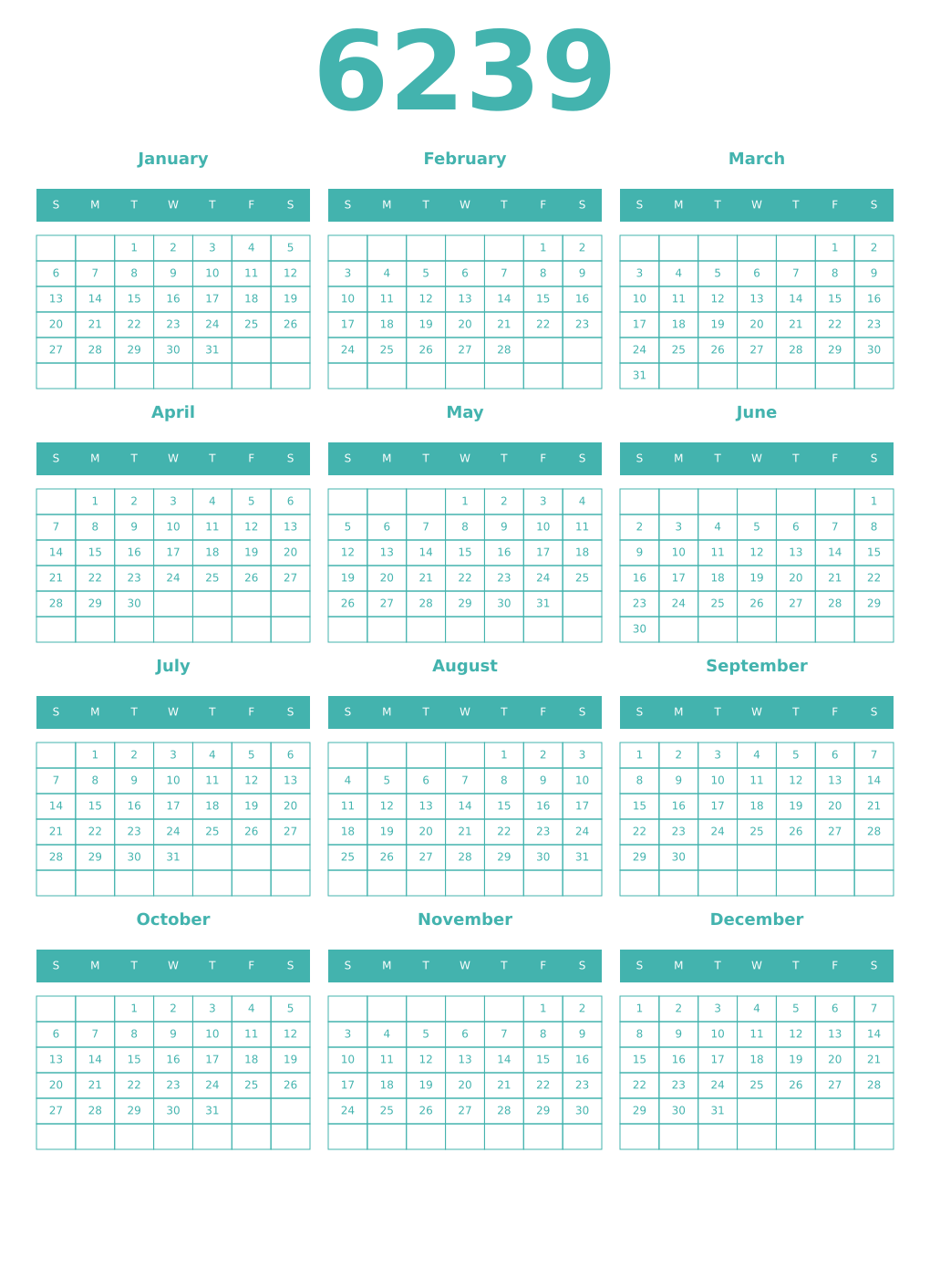 Printable 6239 Year Calendars verdigris