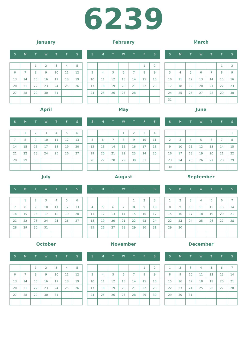 Printable 6239 Year Calendars viridian