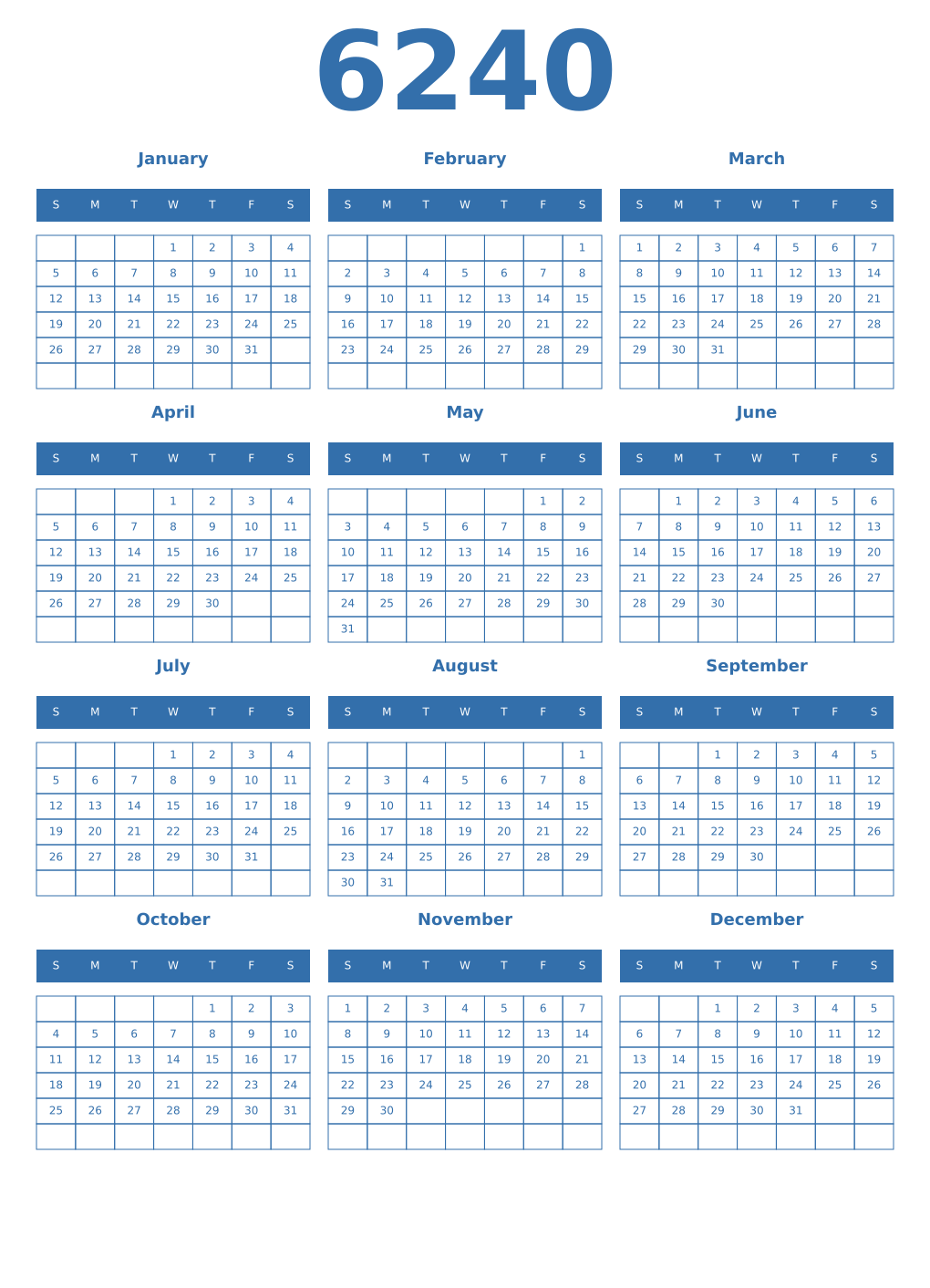 Printable 6240 Year Calendars blue