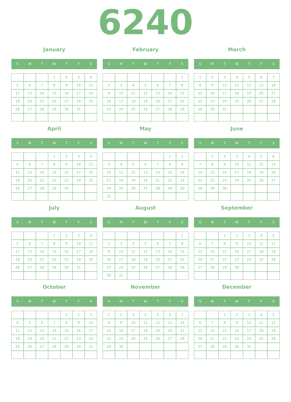 Printable 6240 Year Calendars celadon