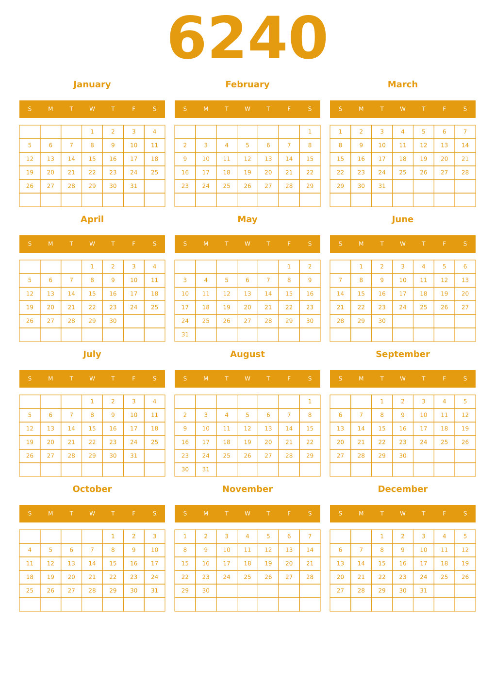 Printable 6240 Year Calendars gamboge