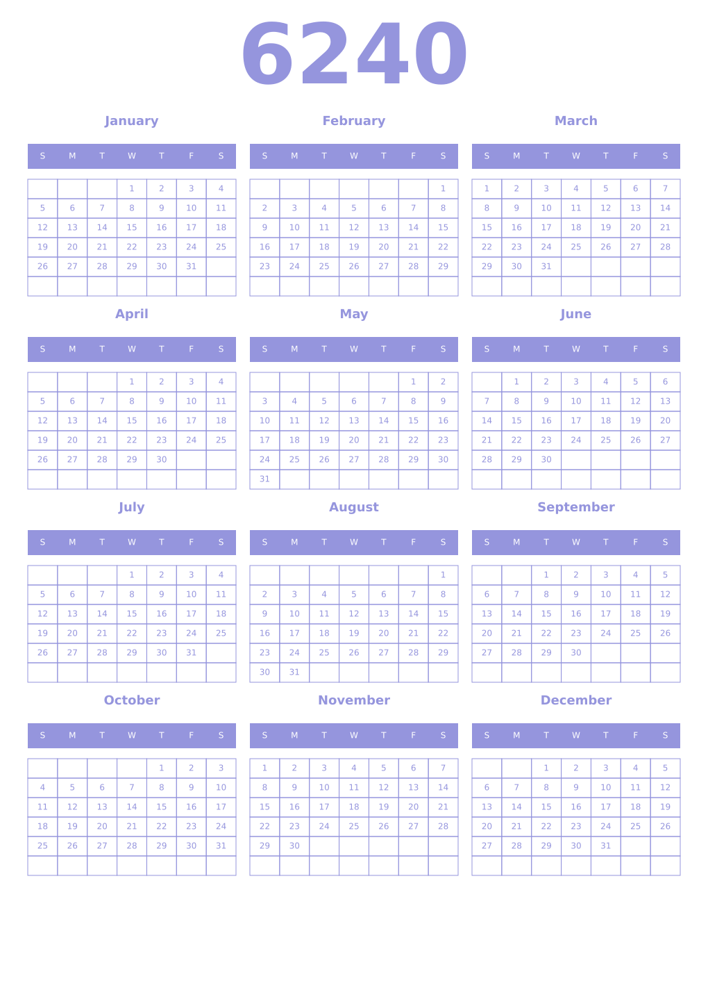 Printable 6240 Year Calendars periwinkle