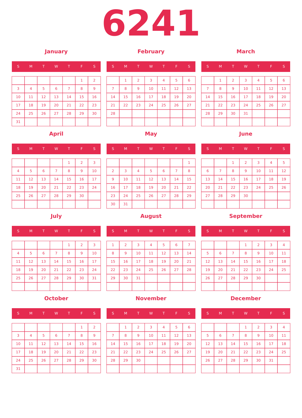 Printable 6241 Year Calendars amaranth