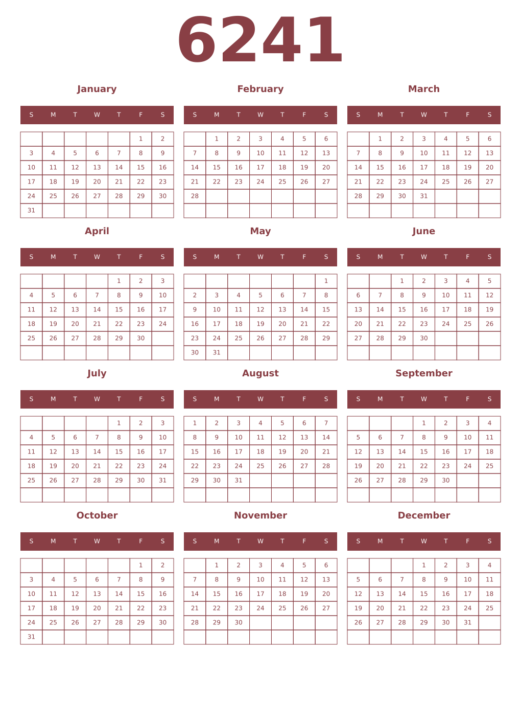 Printable 6241 Year Calendars cordovan