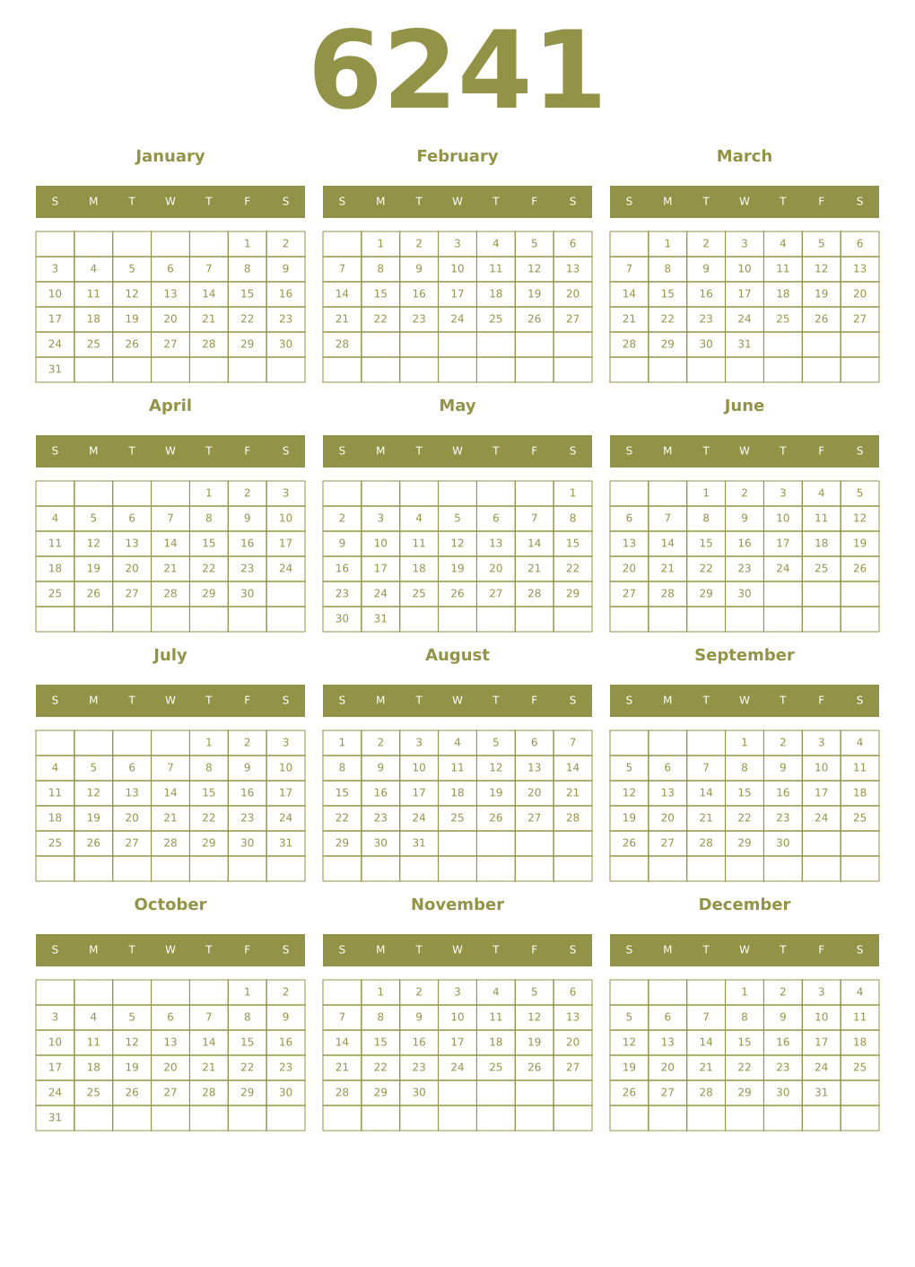 Printable 6241 Year Calendars eburnean