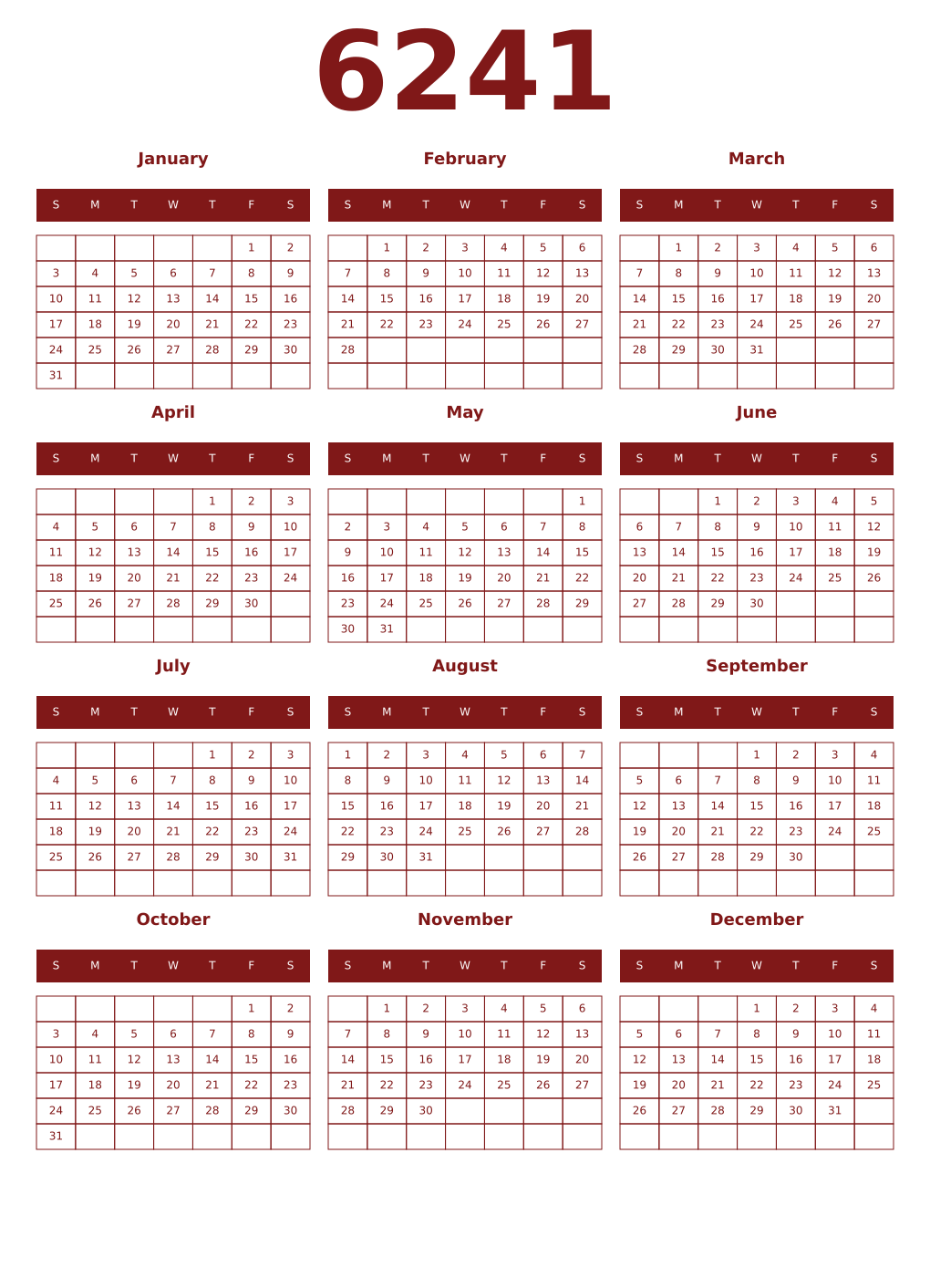 Printable 6241 Year Calendars falu