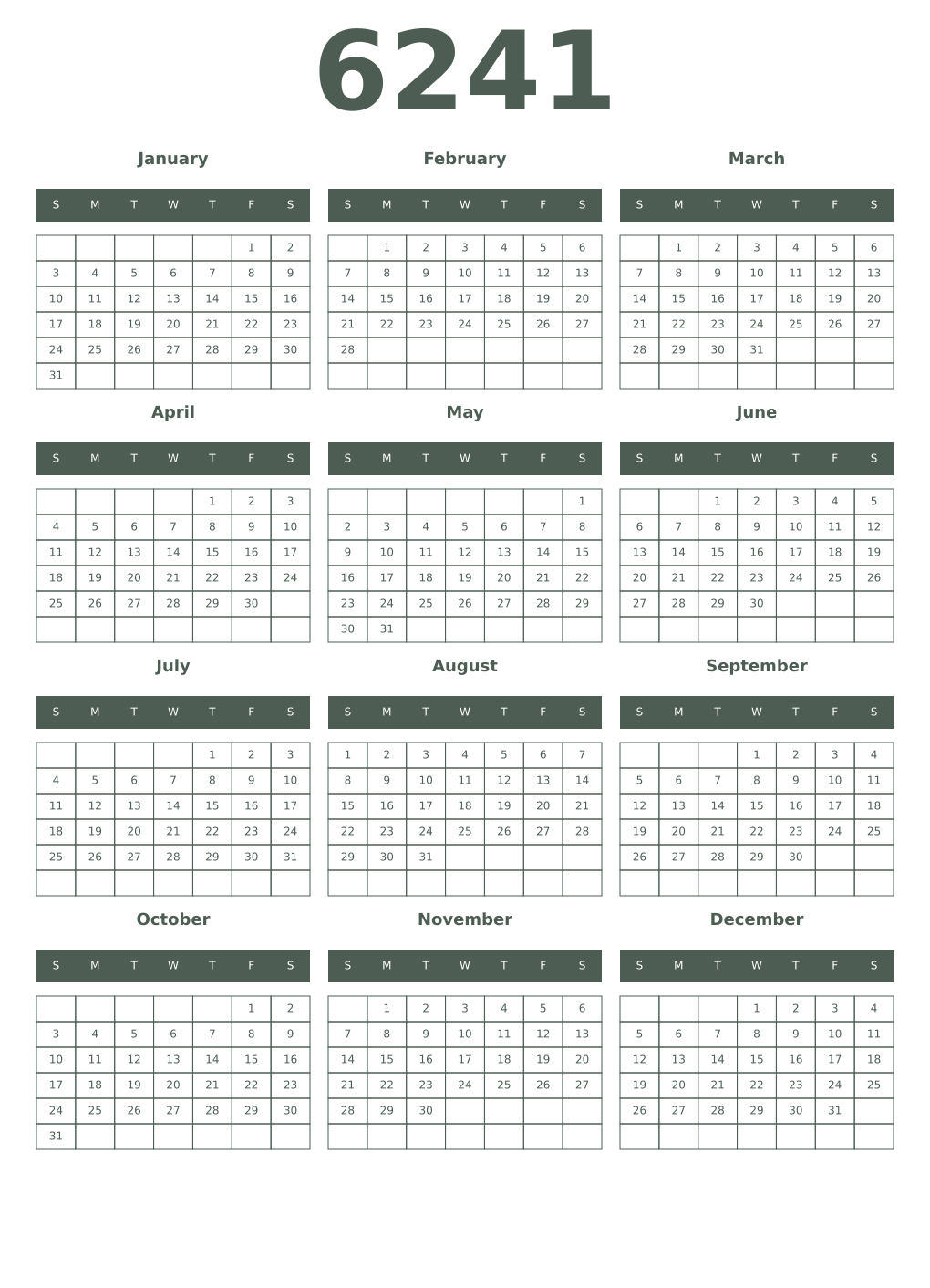 Printable 6241 Year Calendars feldgrau