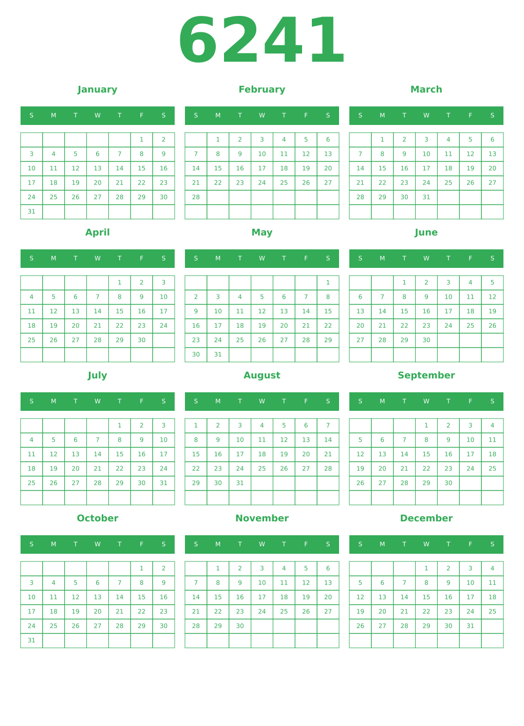 Printable 6241 Year Calendars green