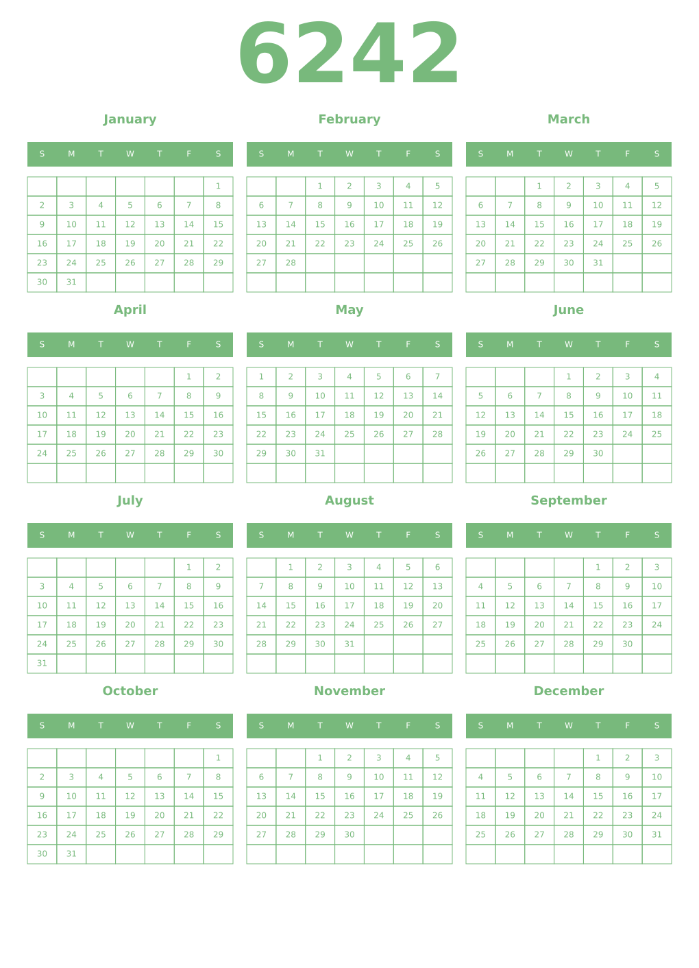 Printable 6242 Year Calendars celadon