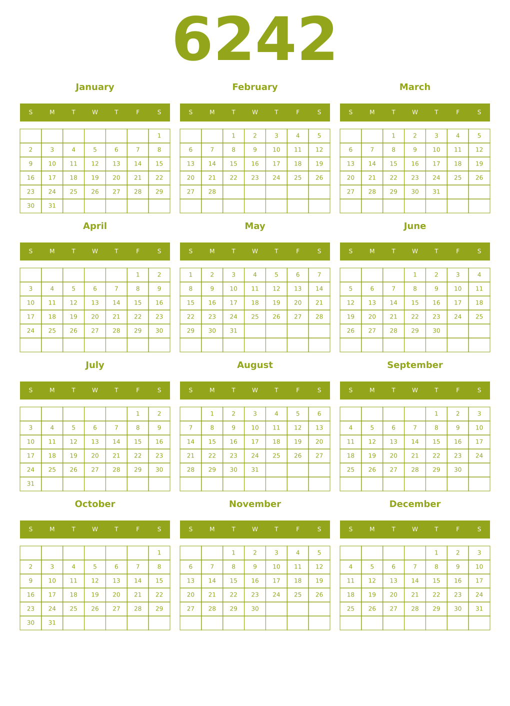 Printable 6242 Year Calendars chartreuse