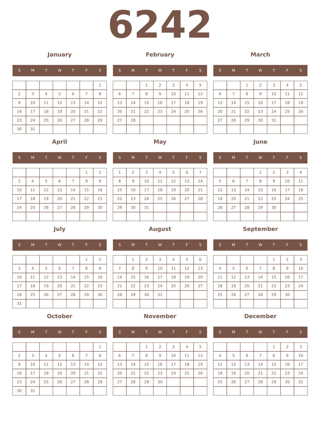 Printable 6242 Year Calendars coffe