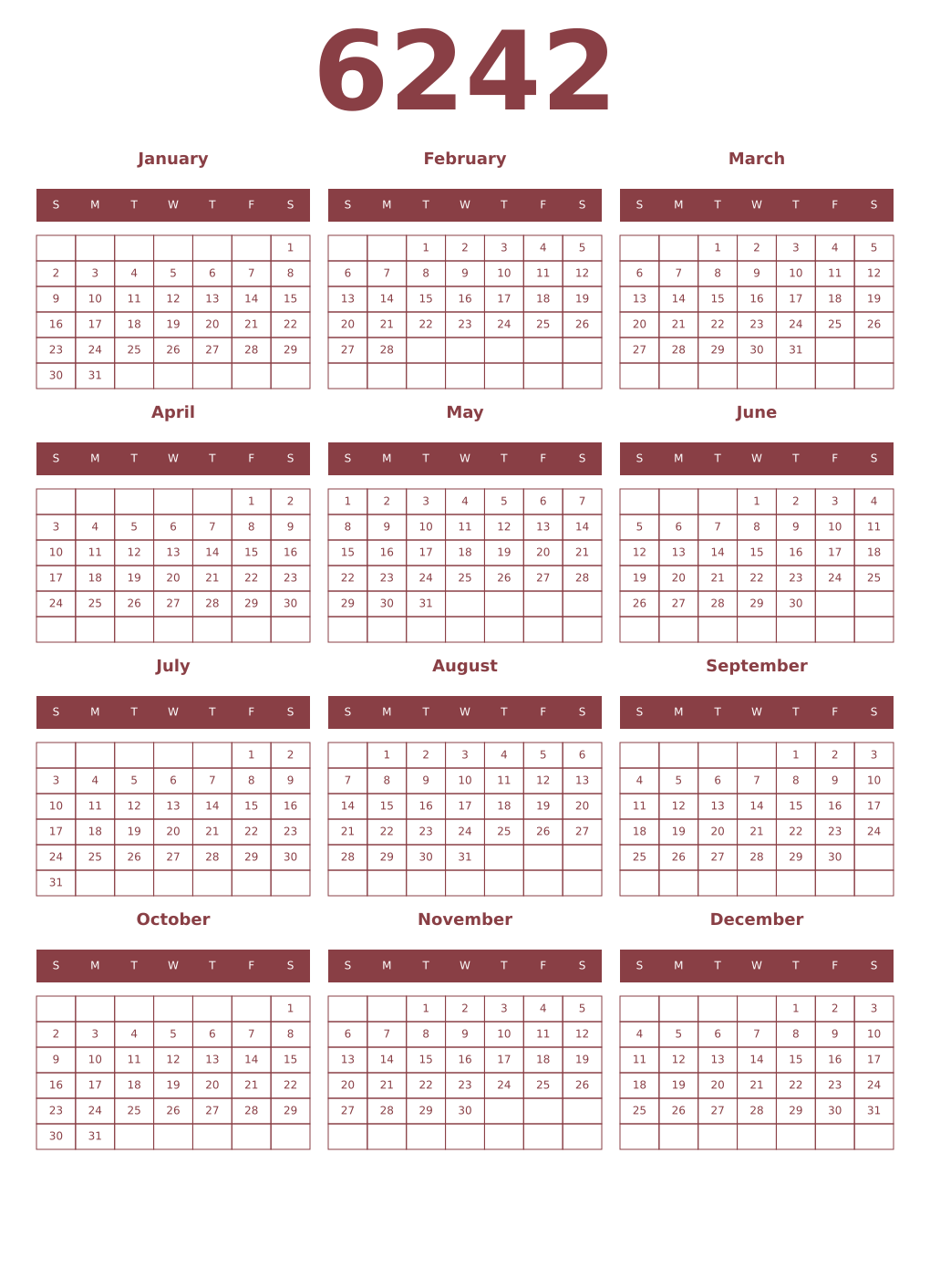 Printable 6242 Year Calendars cordovan