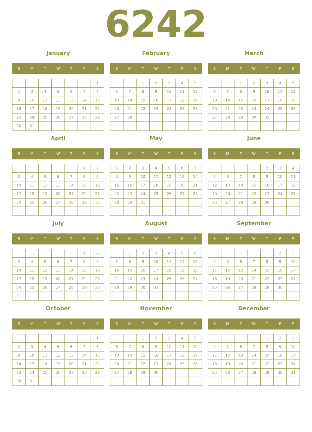 Printable 6242 Year Calendars eburnean
