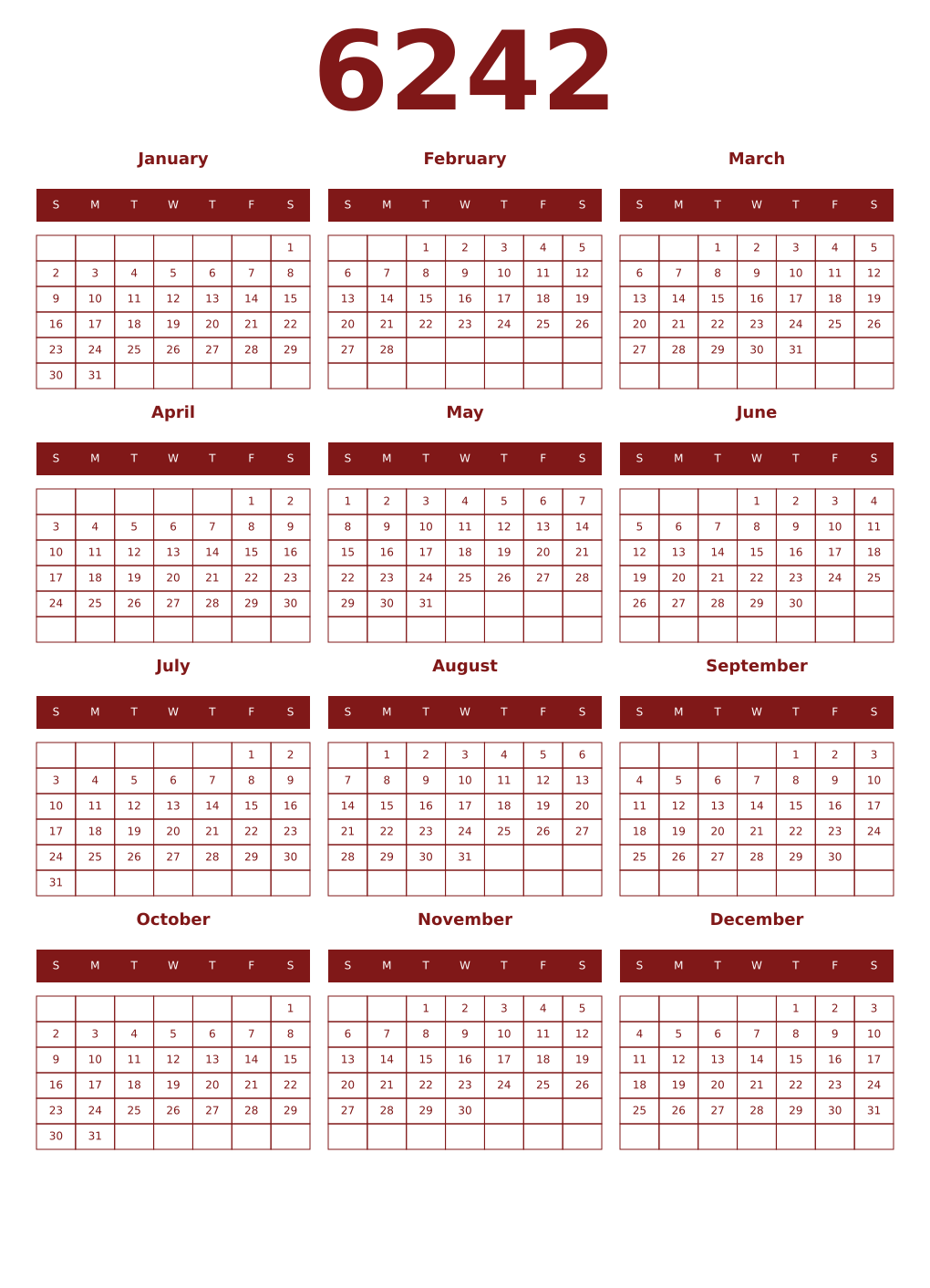 Printable 6242 Year Calendars falu