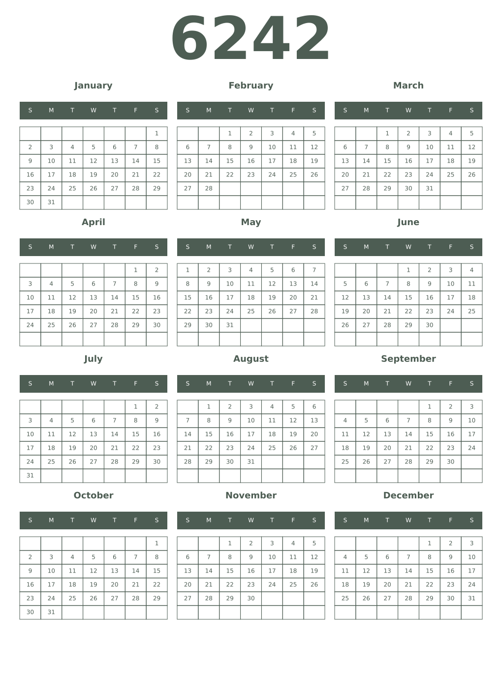 Printable 6242 Year Calendars feldgrau