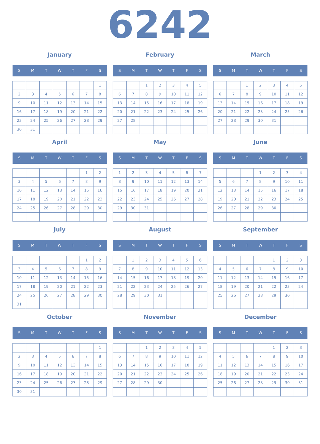 Printable 6242 Year Calendars glaucous