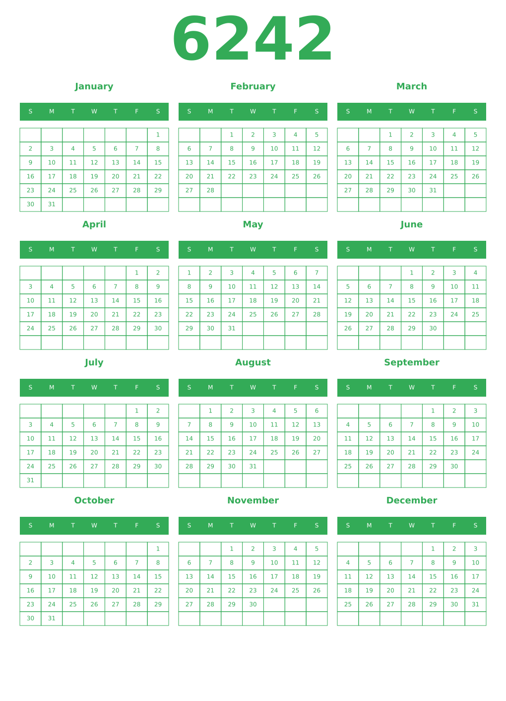 Printable 6242 Year Calendars green