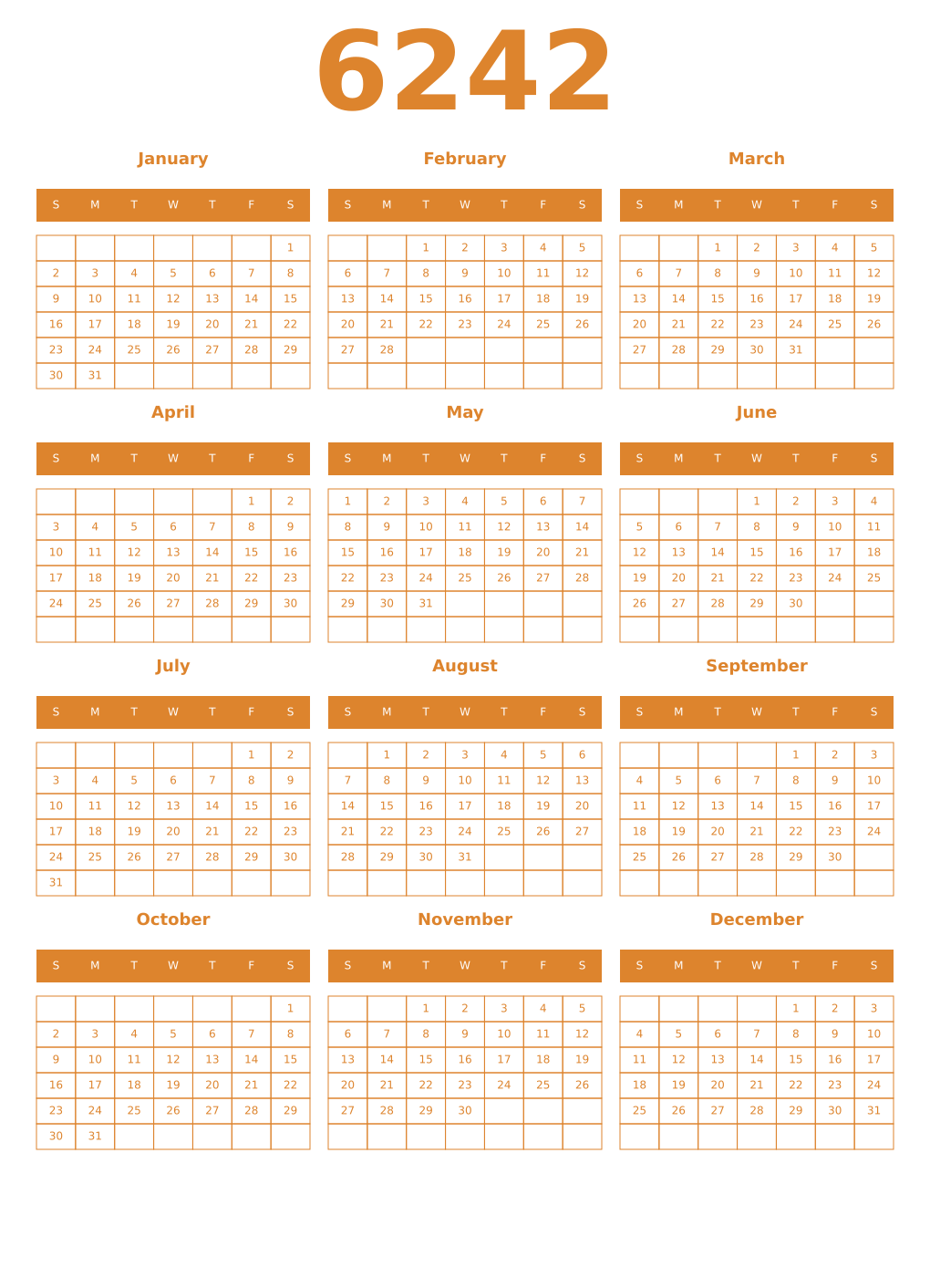 Printable 6242 Year Calendars orange