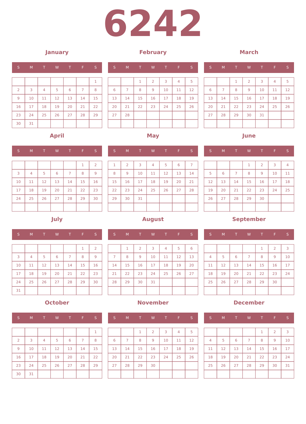 Printable 6242 Year Calendars puce