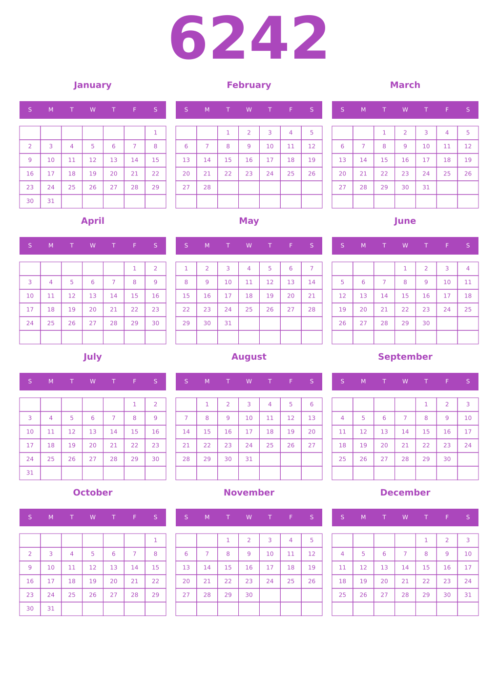 Printable 6242 Year Calendars purple