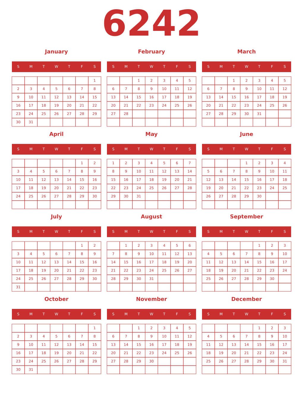 Printable 6242 Year Calendars red