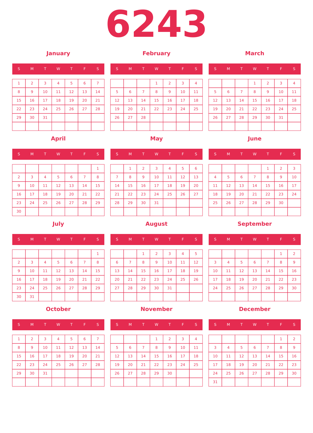 Printable 6243 Year Calendars amaranth