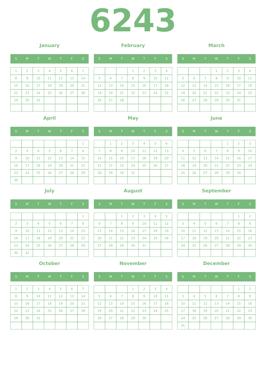 Printable 6243 Year Calendars celadon
