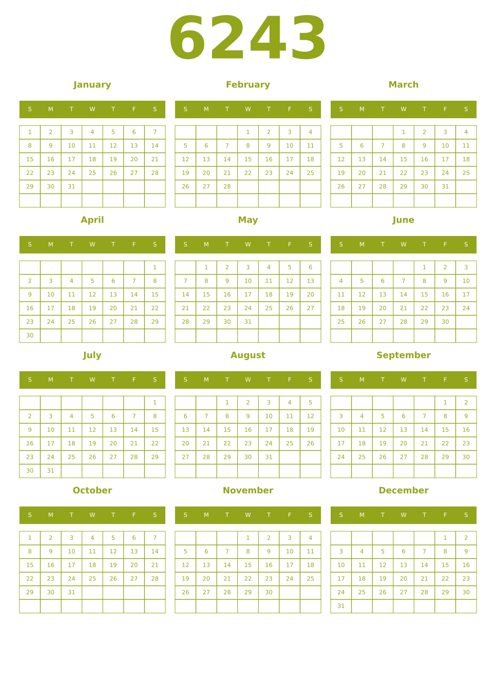 Printable 6243 Year Calendars chartreuse
