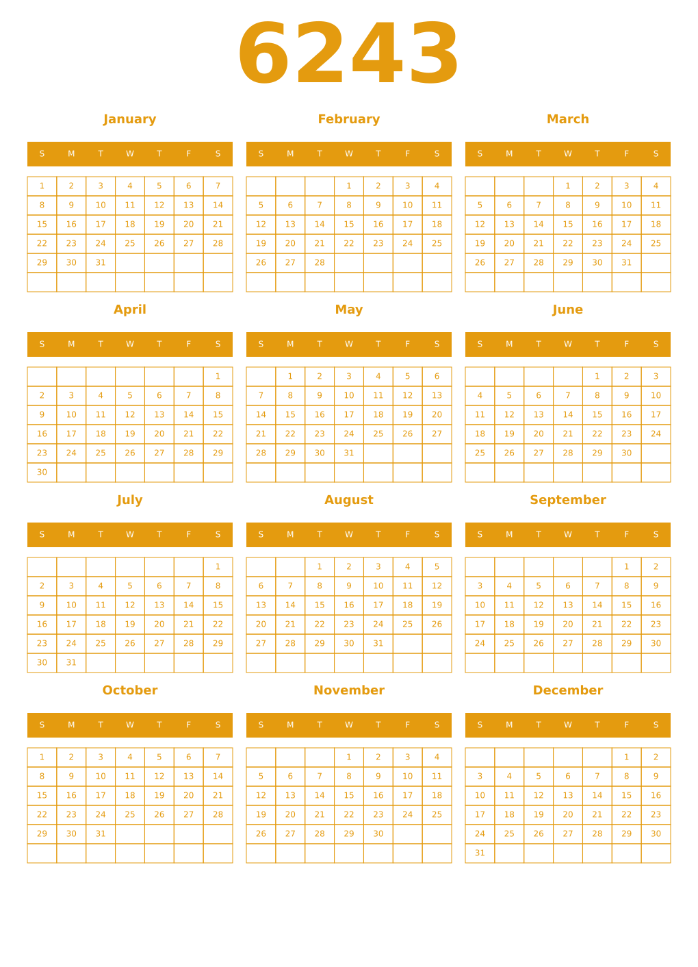 Printable 6243 Year Calendars gamboge