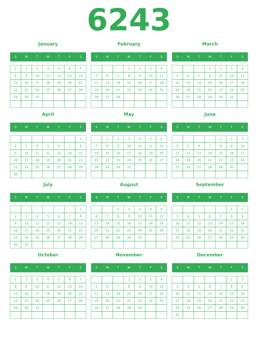 Printable 6243 Year Calendars green