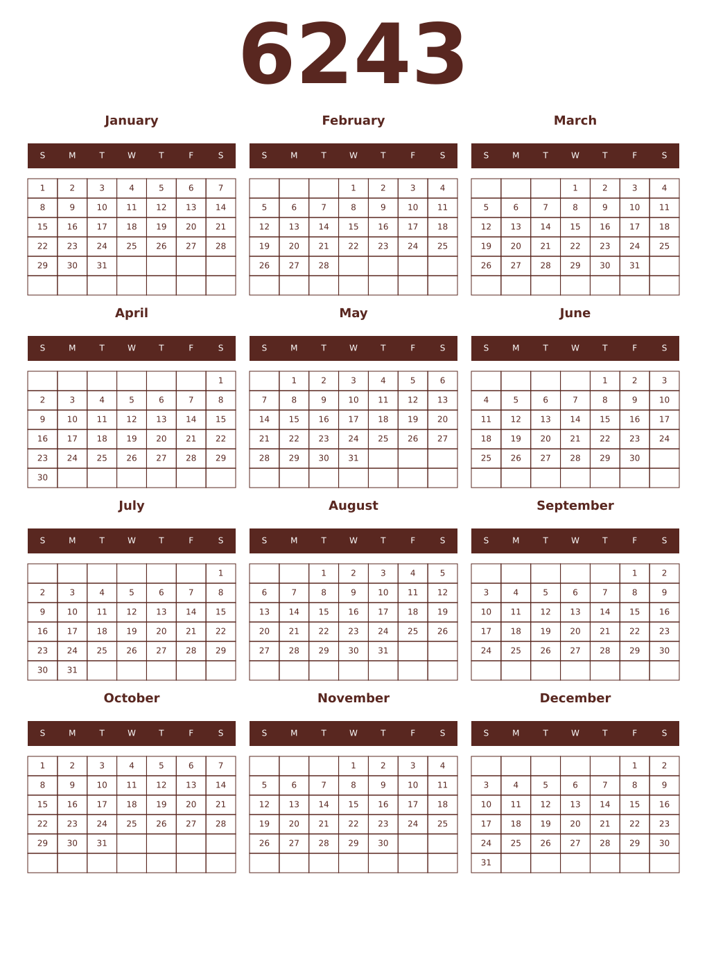 Printable 6243 Year Calendars mortuum