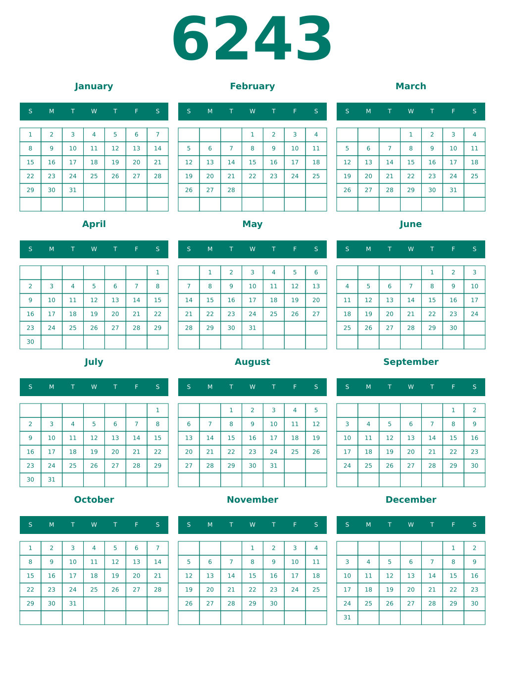 Printable 6243 Year Calendars pastel
