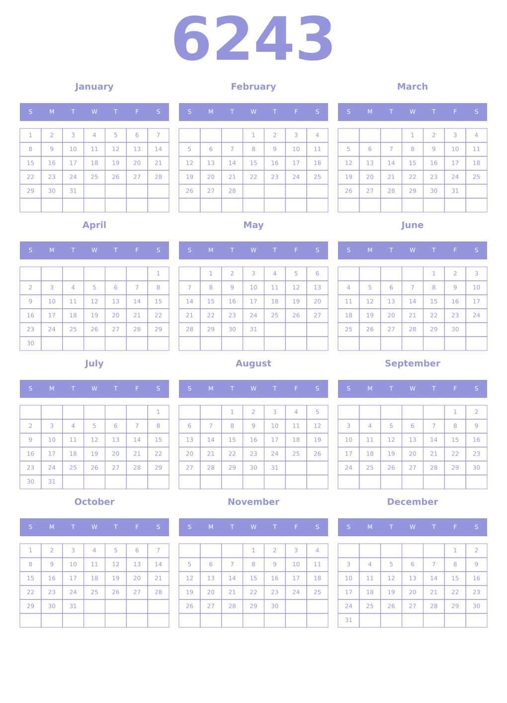 Printable 6243 Year Calendars periwinkle