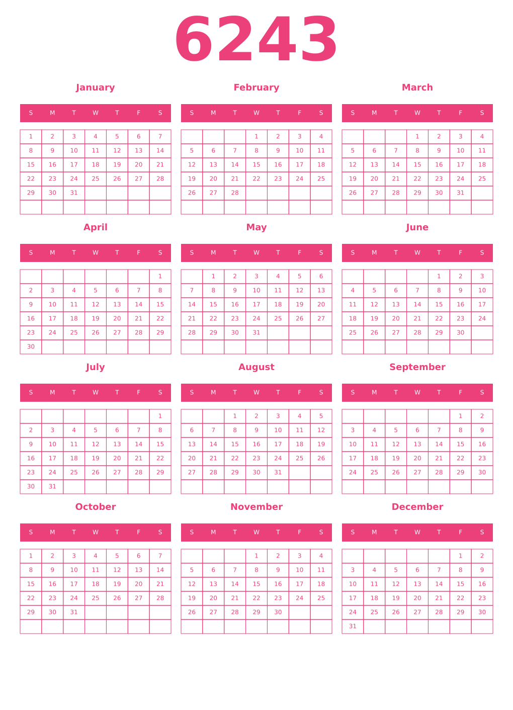 Printable 6243 Year Calendars pink